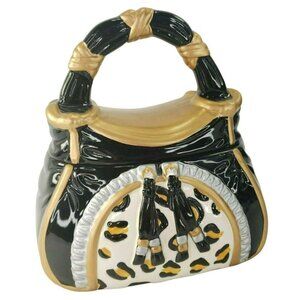 Davids Cookies Ceramic Purse Cookie Snack Jar Leopard Pattern Silver Gold Emboss